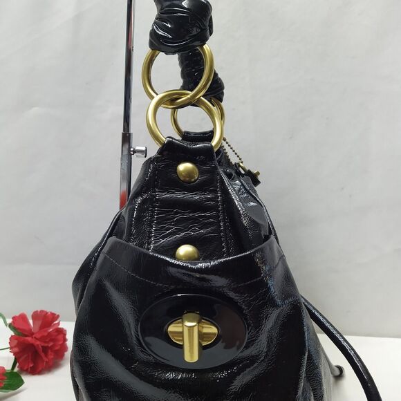 Coach Resort Black Patent Leather Drawstring Pockets Hobo Shoulder Bag - Picture 14 of 16
